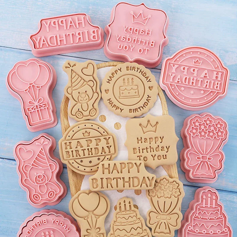 8Pcs/set Happy Birthday Theme Cookie Cutter Cake Bear Flower Biscuit Mold Cookie Stamp Baking Pastry Bakeware for Birthday Party