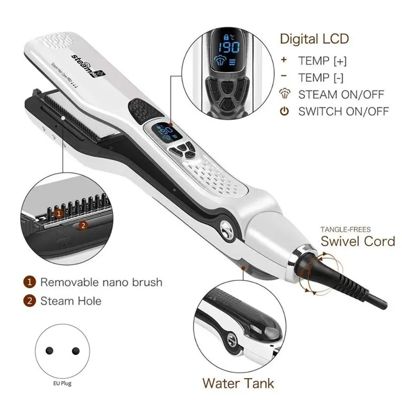 AEE4-Professional Salon Steam Hair Straightener Nano Titanium Steam Flat Iron With Removable Comb EU Plug Black view 6