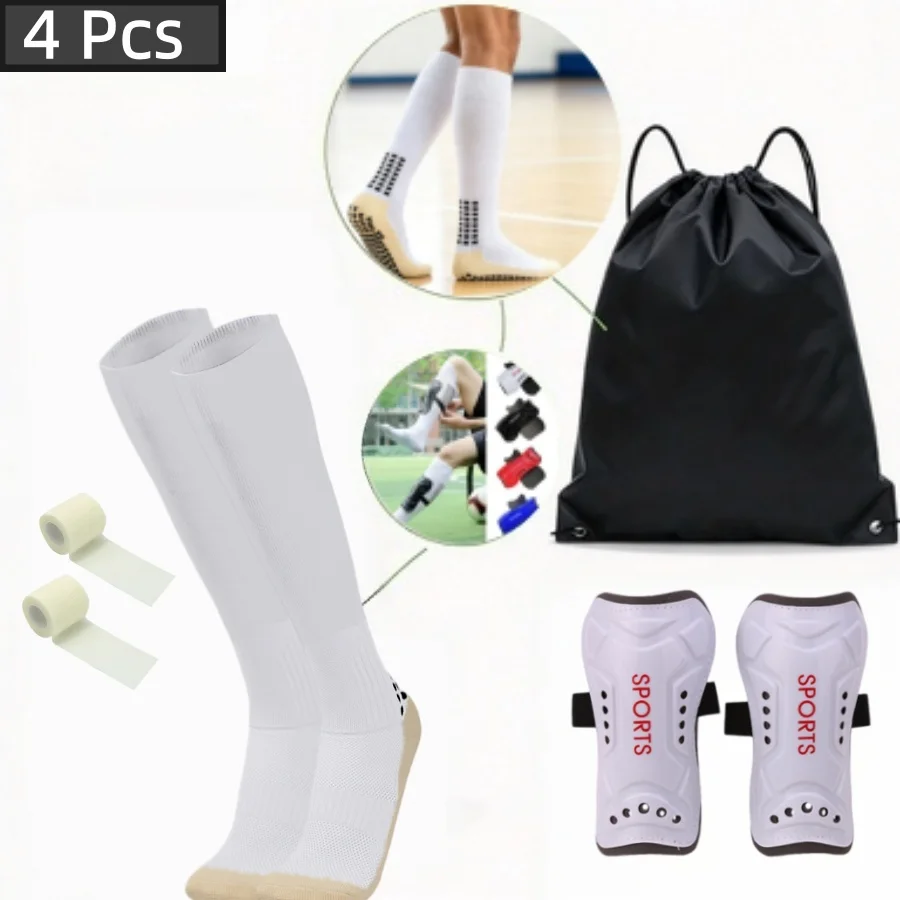 4Pcs Football Soccer Kit Shock Absorbing Shin Guards Set Knee High Sports Socks Bandage Storage Drawstring Bag