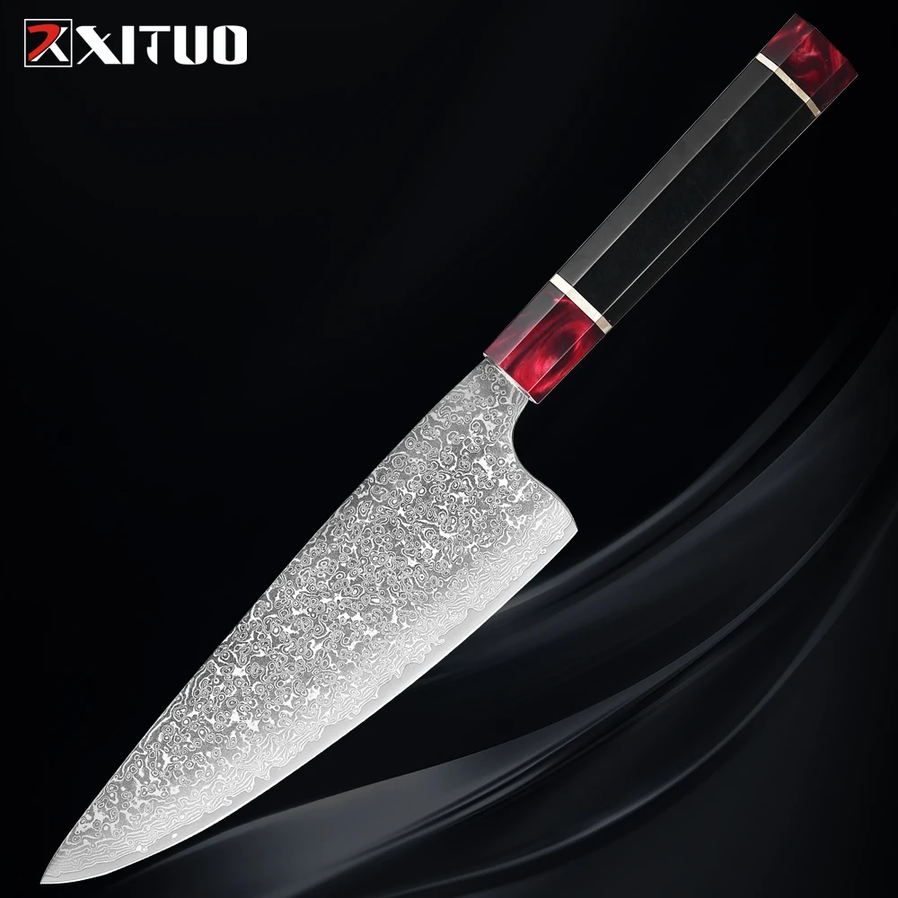 XITUO Damascus Steel 8 Inch Butcher Knife Sharp High Hardness Kitchen Knives Octagonal Red Black Resin Handle Cooking Knives