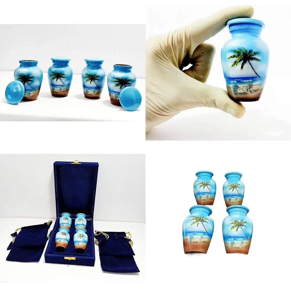 

Set of 4 Mini Blue Beach Themed Cremation Urns for Ashes with Velvet Box & Bags - 3 cu.in