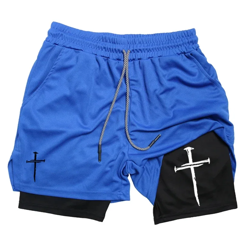 Men'S Cross Print 2 In 1 Fitness Running Shorts Christian Fitness Shorts With Cell Phone Pocket Towel Loop Sportswear