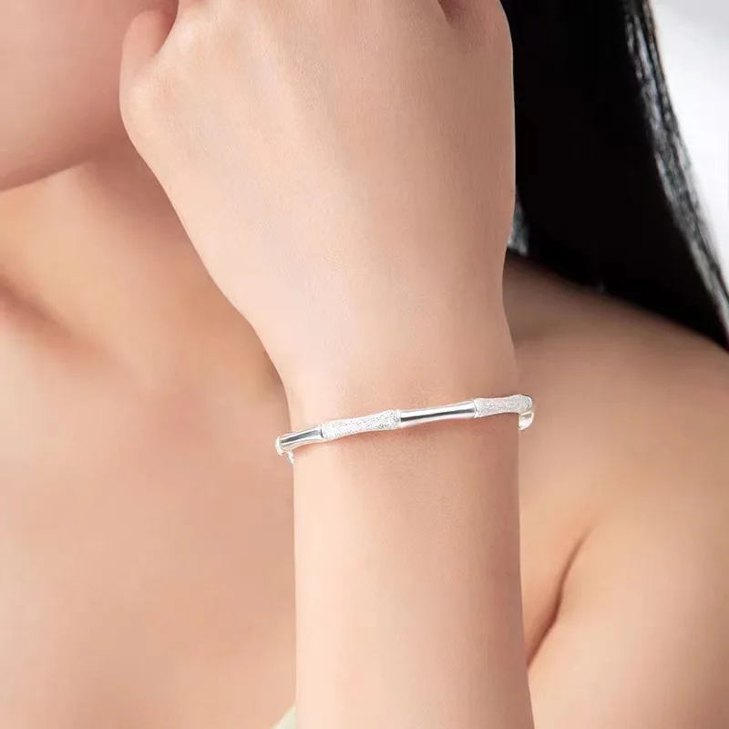 S925 Silver New Bamboo Joint Bracelet Women Push Pull Adjustable Horse Running Circle Bangle Fine Elegant Jewelry Accessory