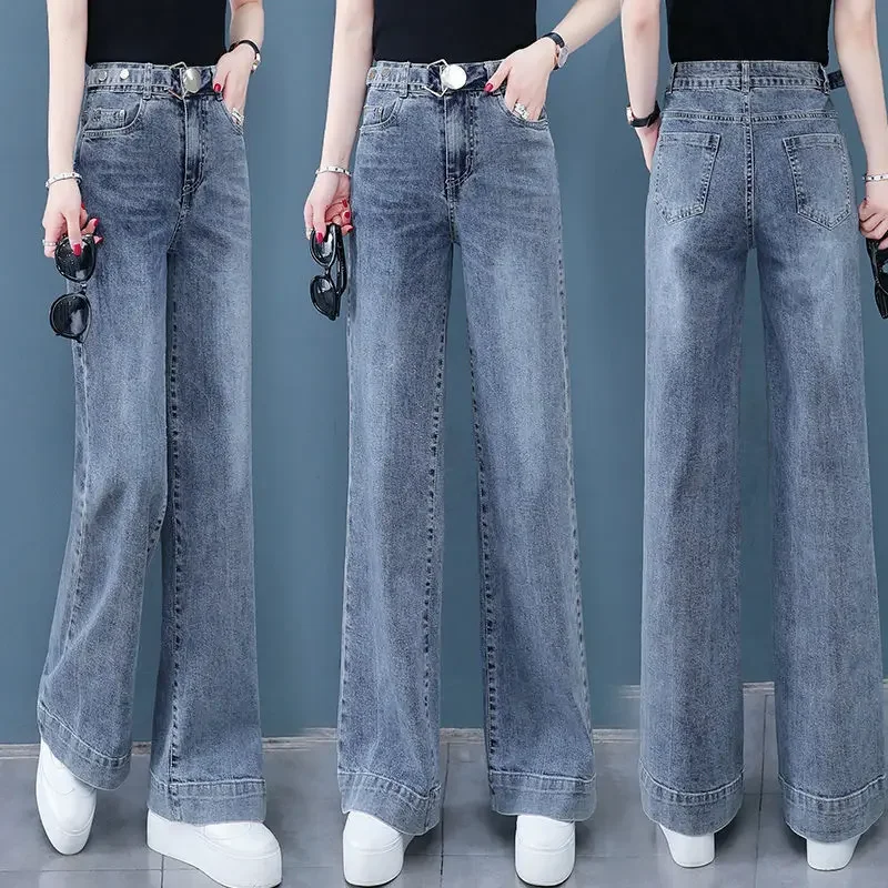 Celana Jeans Wanita Musim Semi Gugur Model Korea Terbaru, Kaki Lebar, Pinggang Tinggi, Potongan Lurus, Warna Khaki, untuk Remaja Putri