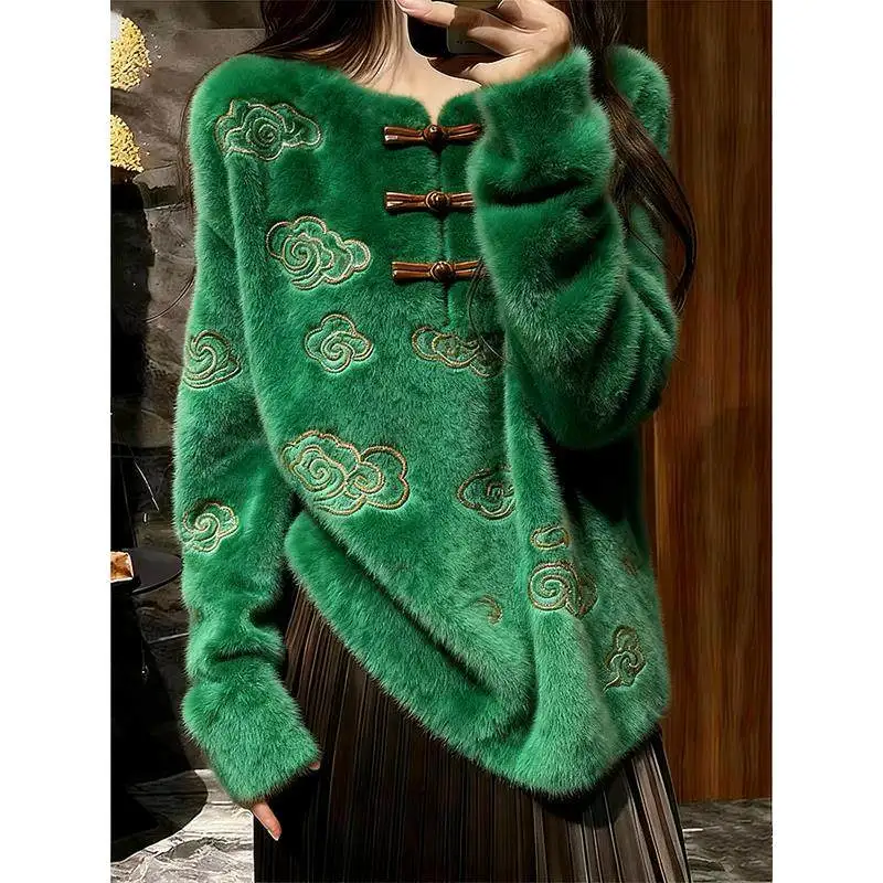

Winter Fall Women Vintage Embroidery Green Knitted Sweater Pullover , Woman Autumn Casual Chinese Style Knitting Sweaters