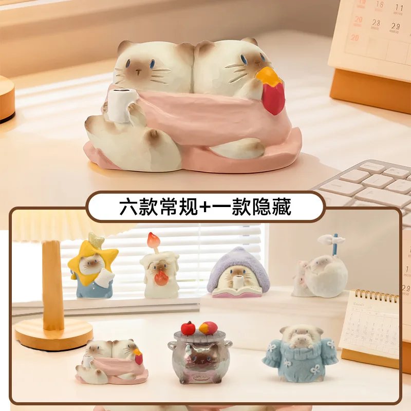 

Коллекционные фигурки кошек в слепых коробках: милые мультяшные настольные украшения из смолы, разнообразные забавные стили, теплые тематические фигурки для любителей кошек