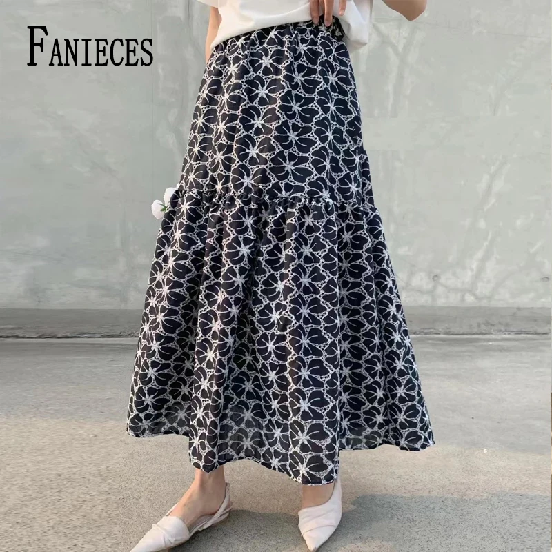 

FANIECES Ruffled Hem A-line Big Swing Women Long Skirt Elegant Embroidery High Waist Maxi Skirts Boho Holiday Streetwear Faldas