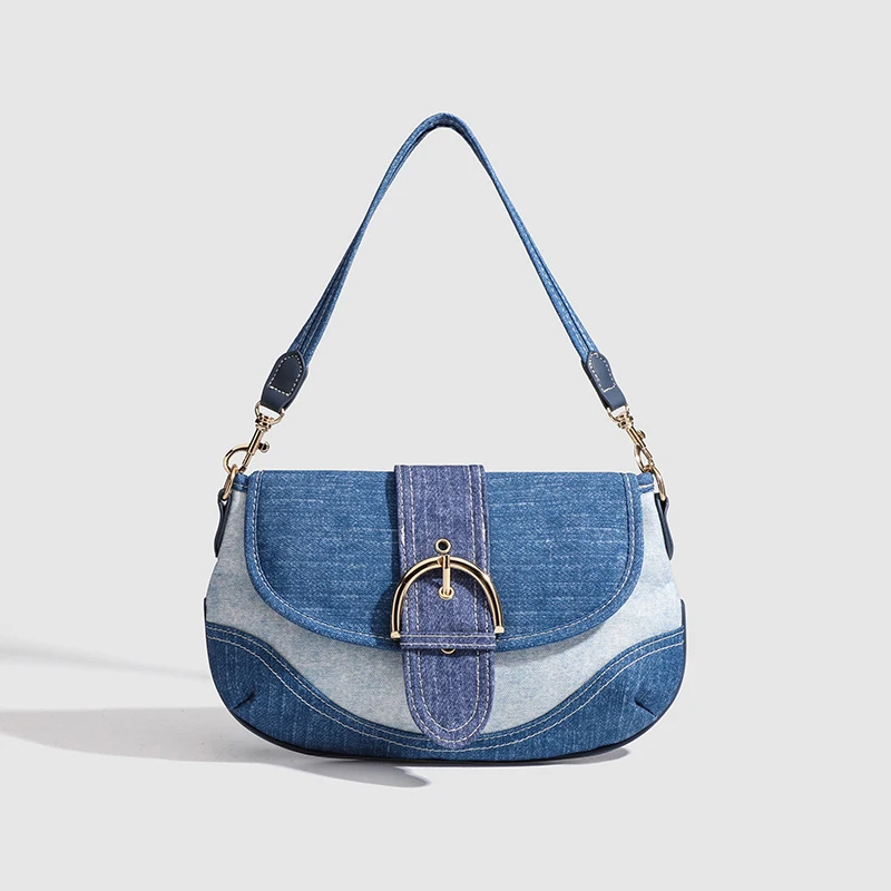 

Denim Belt Design Bag For Women Brand Luxury New Contrast Color Saddle Bag Retro Versatile Blue Fashion Shoulder Messenger Bag