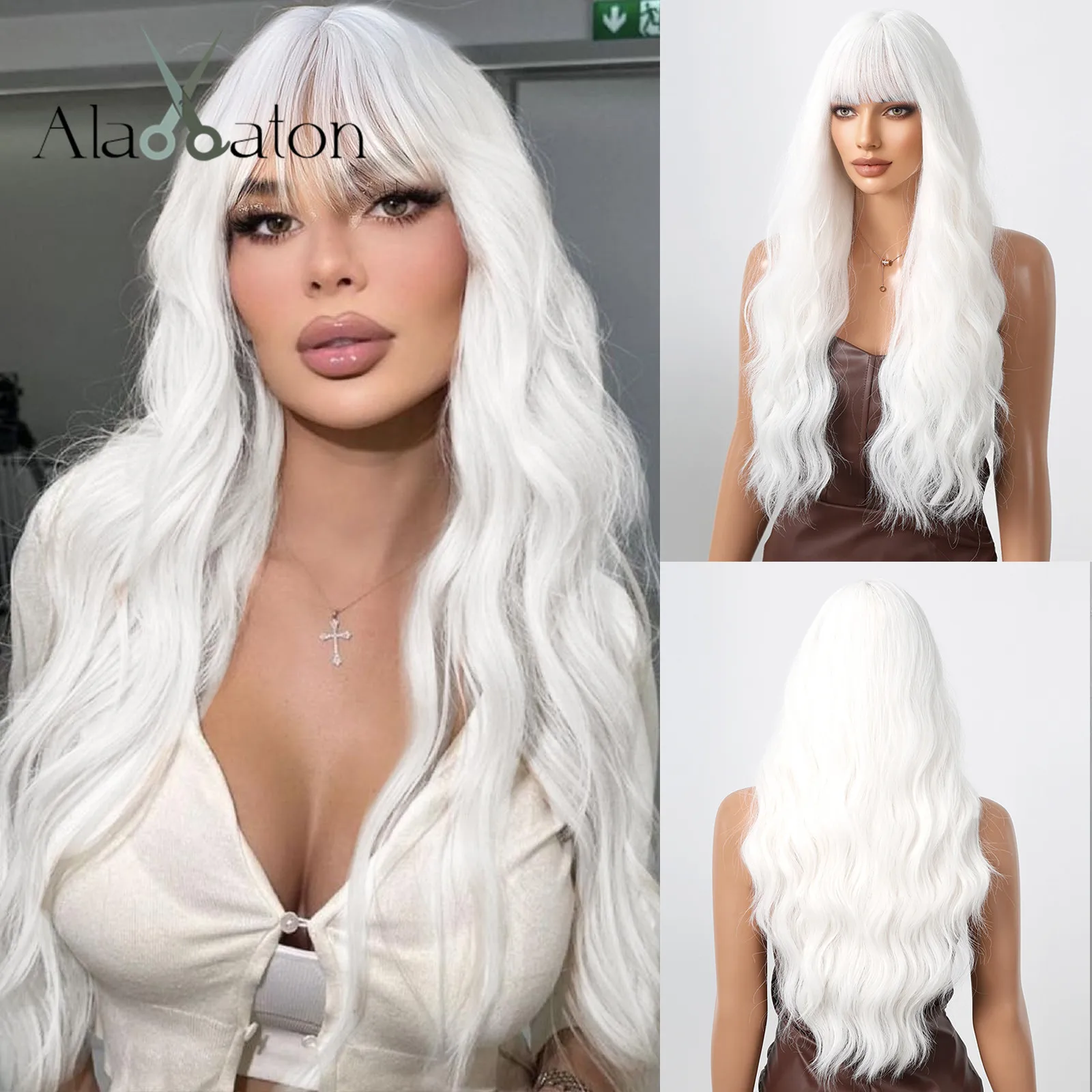 

ALAN EATON White Wigs with Bangs Long White Wavy Wig Synthetic Hair Heat Resistant Fiber for Women White Color Cosplay Party Wig