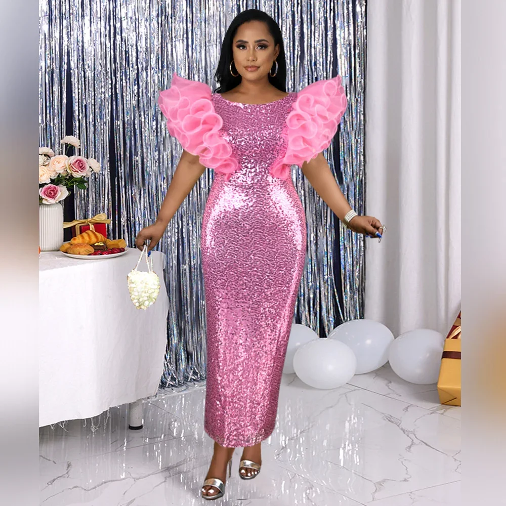 

Sweet Lovely Pink Sequin Evening Dresses For Black Girls 2024 Straight Tea Length Ruffles Short Sleeves Wedding Party Prom Gowns