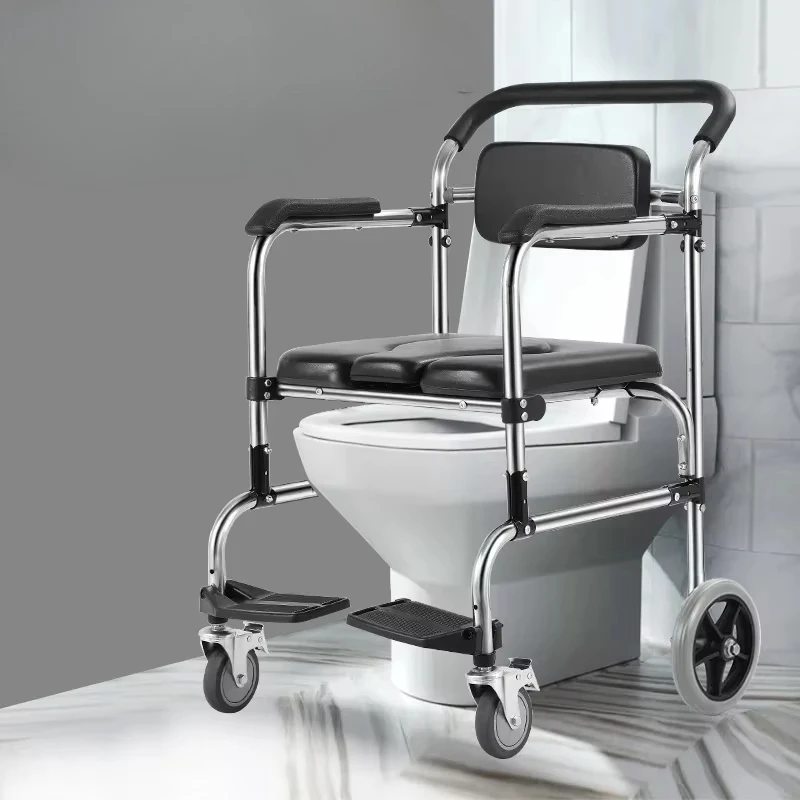 Mobile Bath Chair Folding Stainless Steel Toilet Disabled Pregnant Women Seat with Wheels Wheeled Shower Foldable Toilet Chair