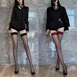 Medias de rejilla de fiesta para mujer, calcetines largos ahuecados, transparentes por encima de la rodilla, hasta el muslo, Negro, Rojo, borde ancho, Sexy