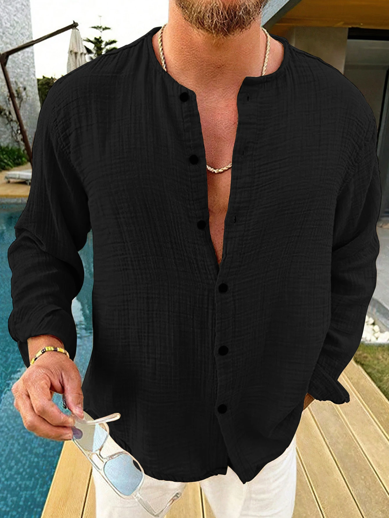 Men Mandarin Collar Button Down Shirt 100%Polyester Wrinkle Textured Long Sleeve Loose Casual Vacation Beach Tops S‑XXL
