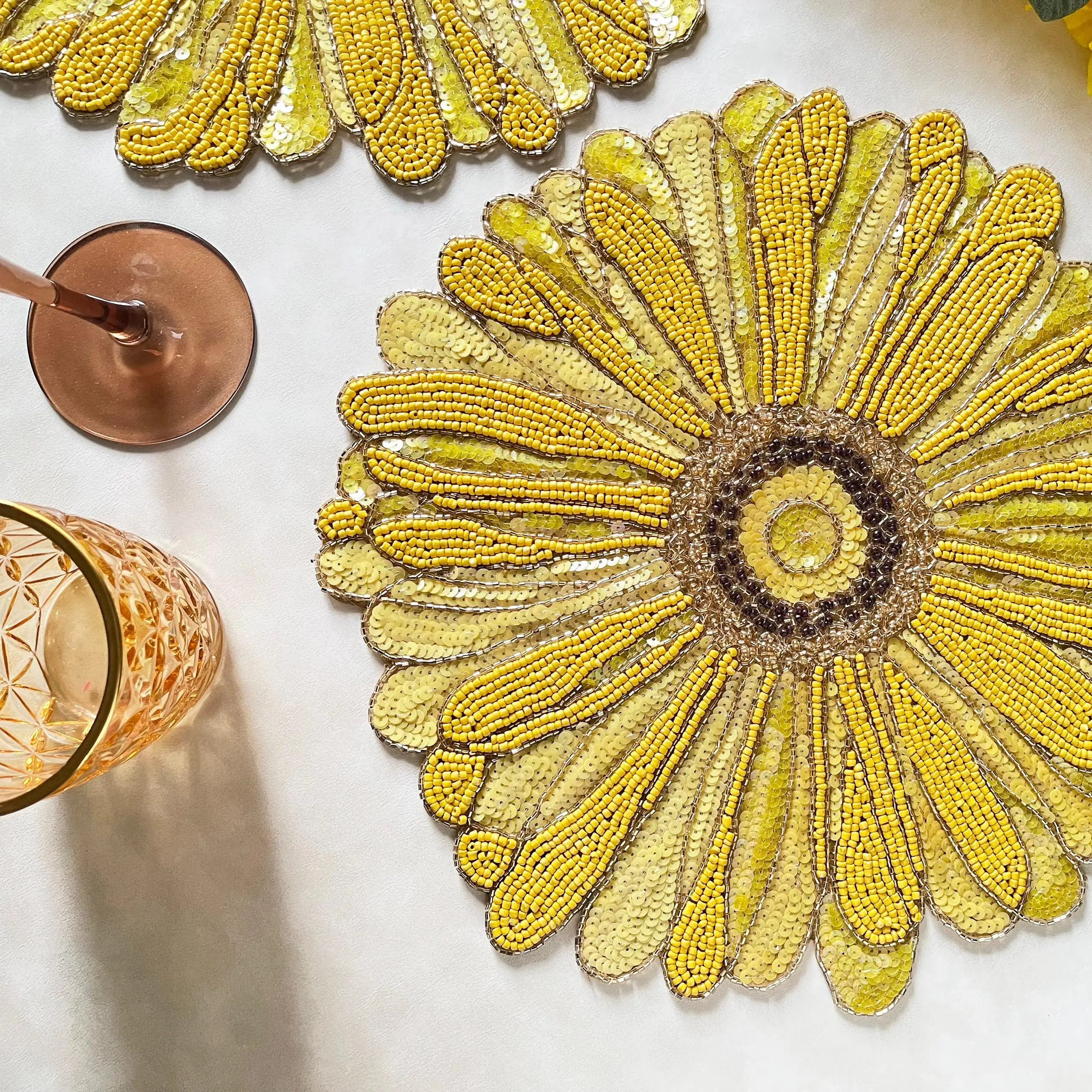 Handmade Beaded placemat, Floral Yellow tablemat, 14 inch, Charger Plate | Set of 2