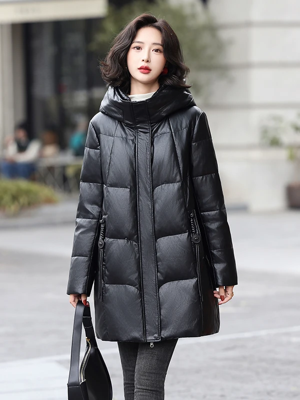 本革ダウンジャケット レディース ミディアム丈 2025年冬新作 人気新モデル 海寧レザーコート アウター
