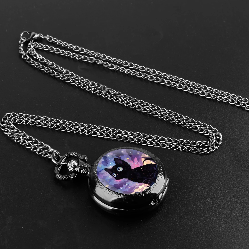 Montre de poche à Quartz avec dôme en verre de chat noir, pendentif en chiffres arabes, collier, cadeaux pour femmes et hommes avec chaîne, exquise