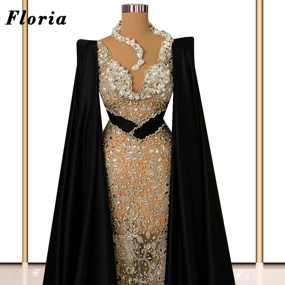 3 Designs Black Cape Sleeves Evening Dresses Middle East Dubai Beaded Crystals Party Dress Prom Engagement Dress Vestido De Gala