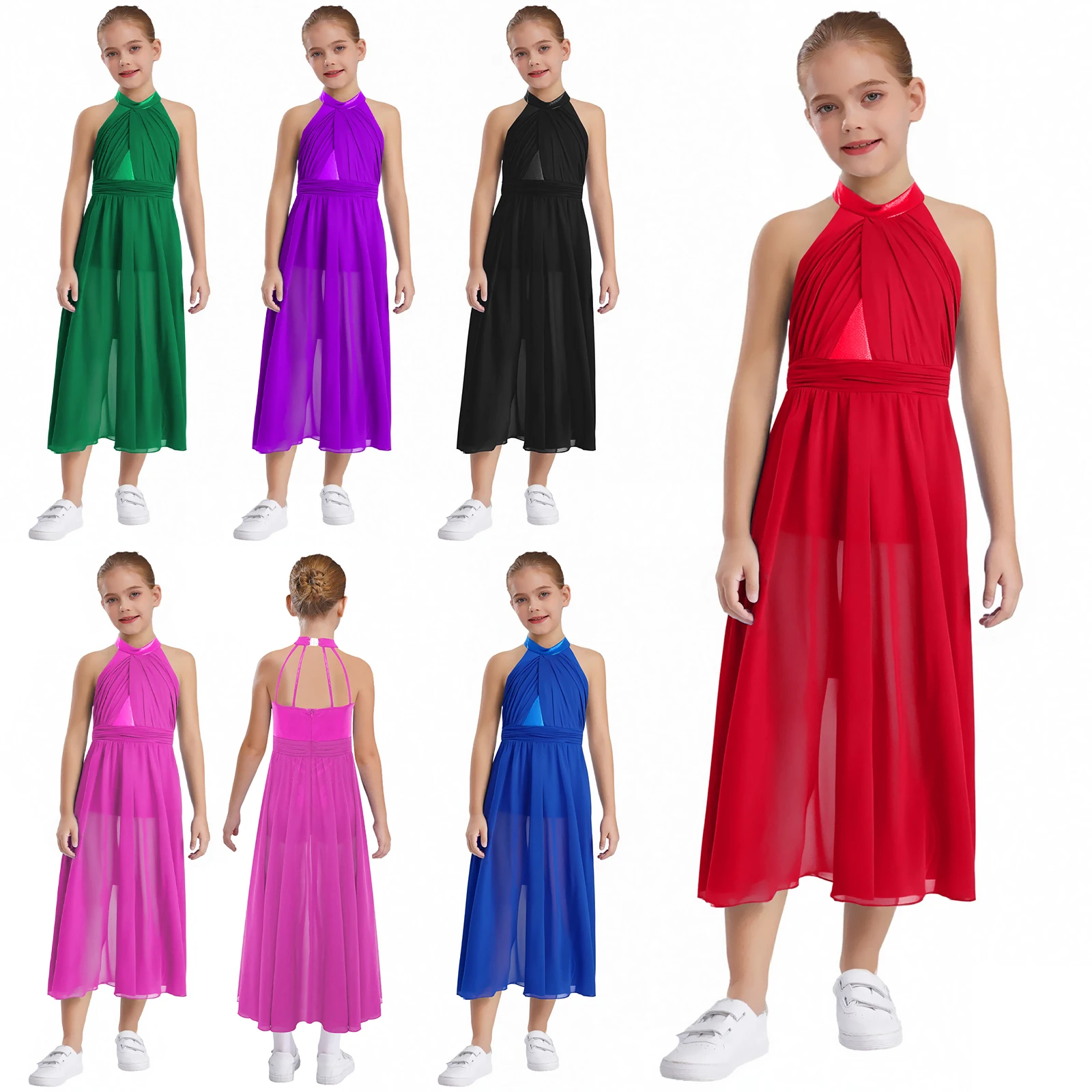 6-16Y الفتيات بلا أكمام فستان رقص غنائي الحديثة الشكل التزلج الجمباز البهلوانية بقماش شفاف يوتار فساتين Dancewear #4
