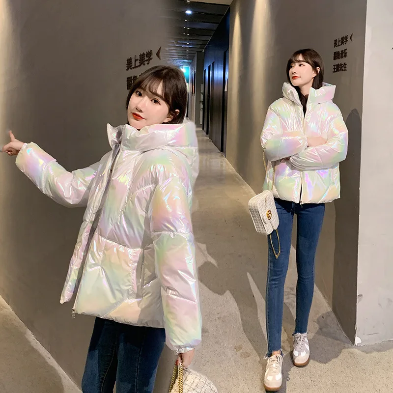 2021 Winter New Short Style Bright Face Colorful Cotton Clothes Women's Korean Edition Loose Laser Clothing Hooded Coat Breadfea