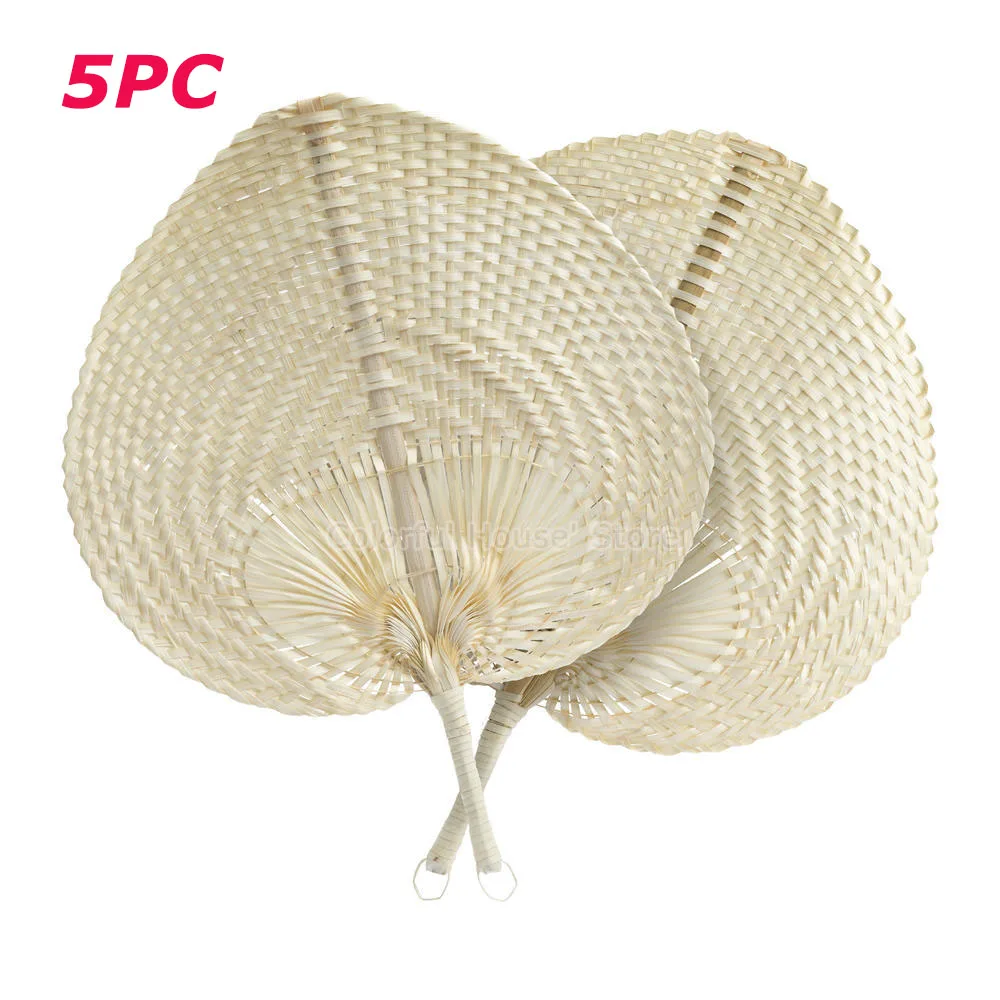 5pc Heart Shaped Bamboo Weaving Hand Fans With Handle Handmade DIY Woven Cooling Fan Home Arts Decor