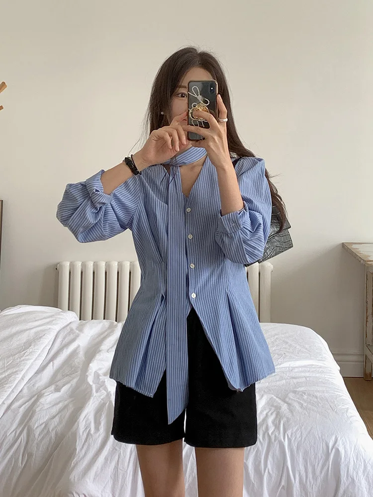 

Длинная тонкая верхняя одежда в полоску с V-образным вырезом, облегающий осенний топ для повседневной носки, с высокой талией