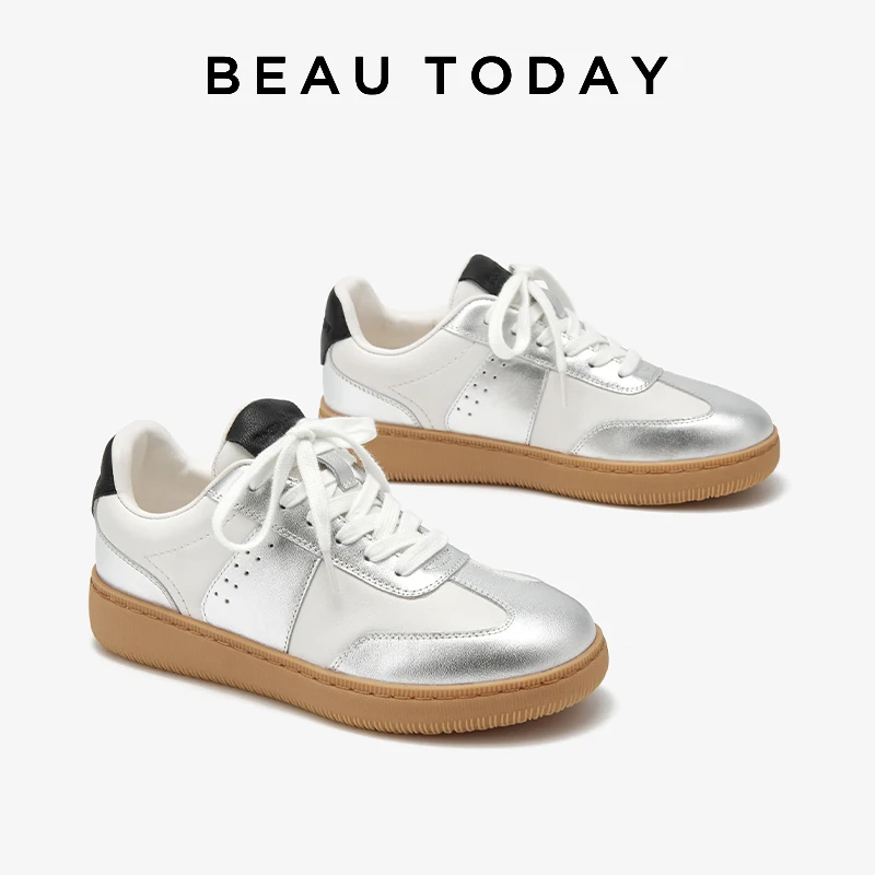 BEAUTODAY Sneakers Women Cow Leather Patchwork Mixed Color Lace-up Round Toe Flats Summer Casual Ladies Shoes Handmade 29850