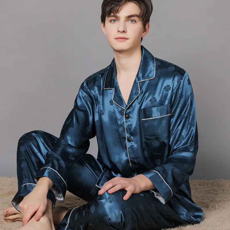 Plus Size 3XL 4XL Men's Sleepwear Pajamas Set Silky Satin Jacquard 2PCS Shirt&Pant Pijamas Suit Spring Autumn Homewear Pyjama