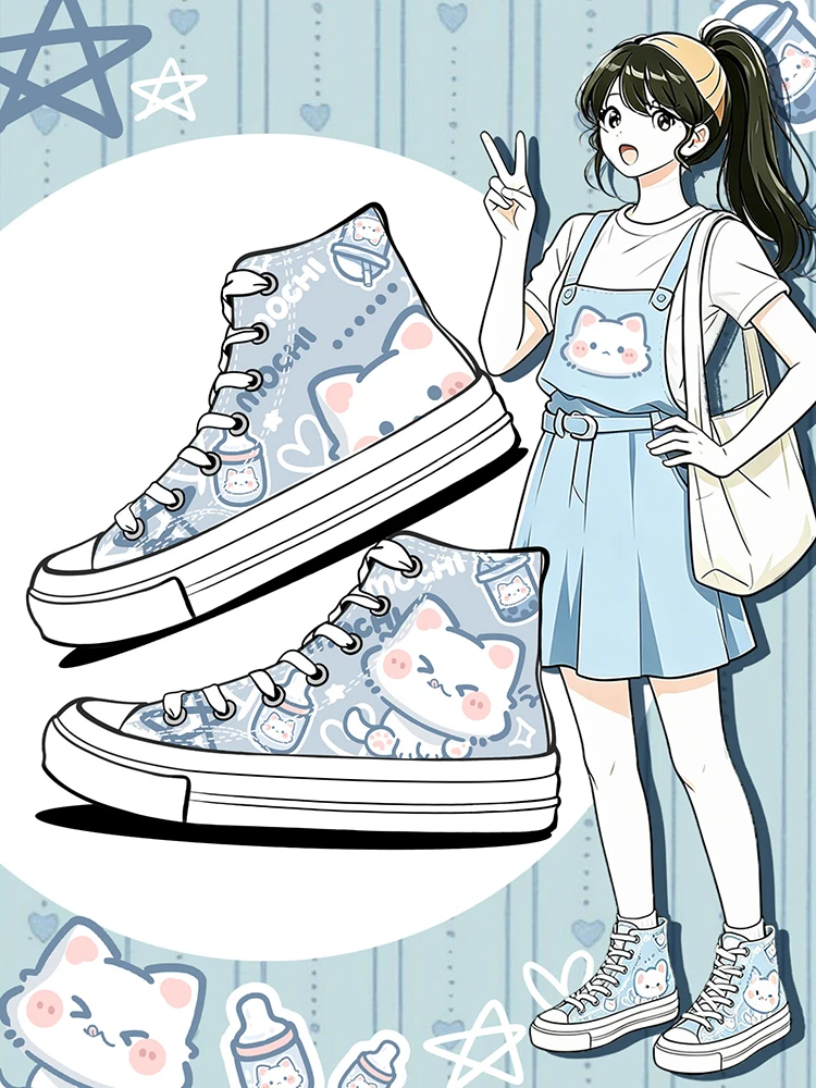 Amy und Michael Niedliche Cartoon-Katzen High-Top Canvas-Schuhe für Damen, Kawaii Weiße Schnürschuhe, Lässige Sneakers für Teenager-Mädchen, High-Top-Schuhe – Detail 3