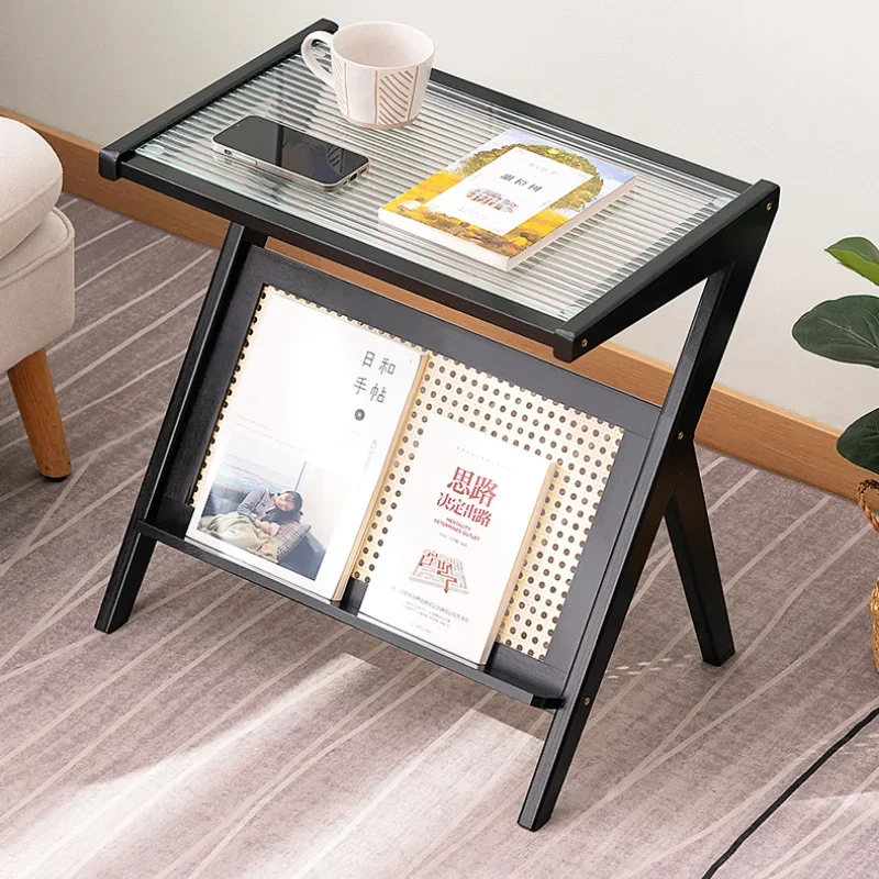 Side Table Z Shape Mobile Cabinet With Tempered Glass Top Living Room Furniture Simplistic Bamboo Bedside Coffee Table Modern