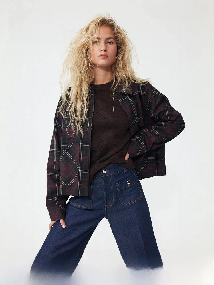 

H&M Весенняя женская вельветовая куртка с отложным воротником в клетку, винтажная приталенная куртка на молнии из хлопка для женщин