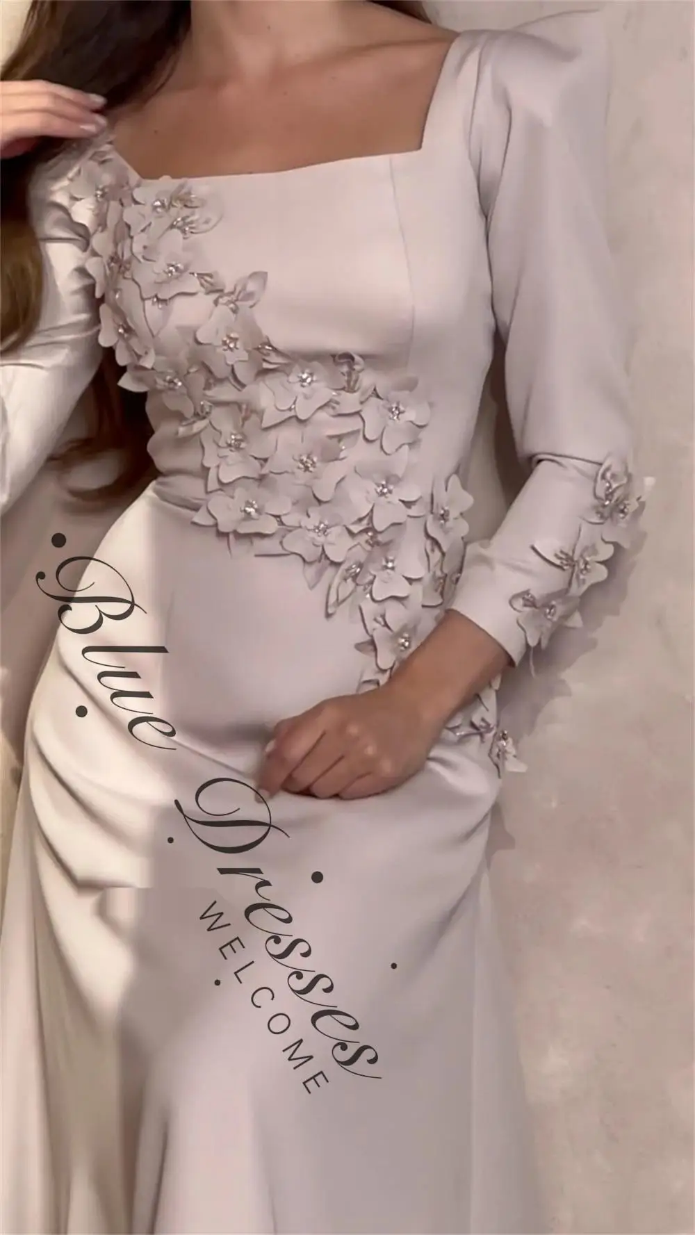 customized  Beading Flower Ruched A-line Square Neck Bespoke Occasion Gown Midi Dresses