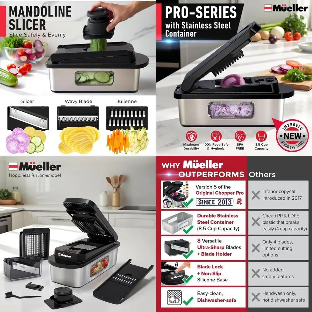 

10-in-1 Stainless Steel Multi-Purpose Vegetable Chopper, Mandoline Slicer, and Kitchen Gadget Set in Black
