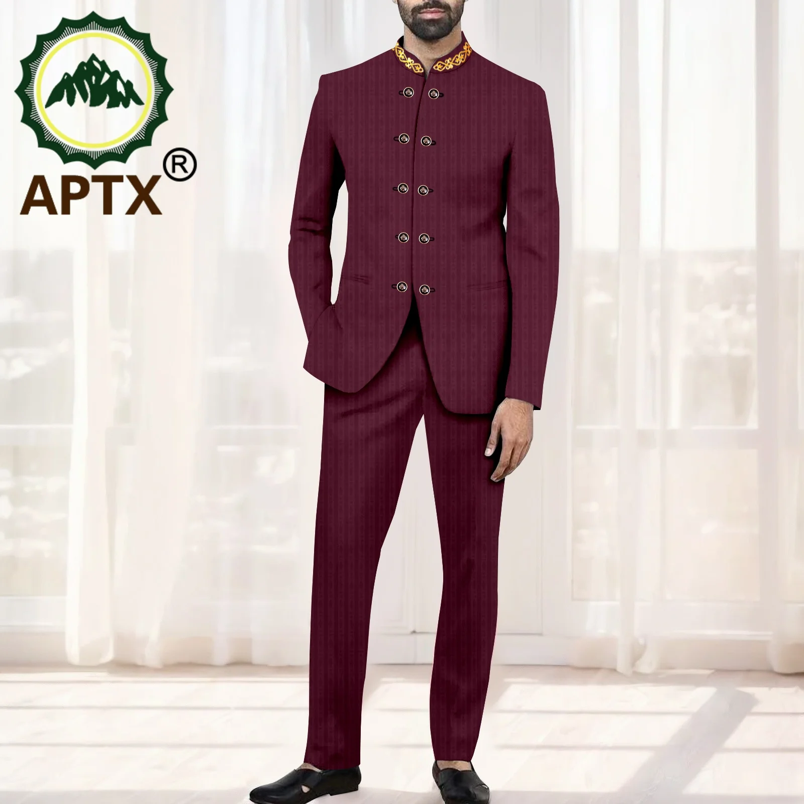 

African Traditional Outfit Bazin Attire Men Slim Fit Set Solid Color Jacket Pants Wedding Party African Clothing 2416101