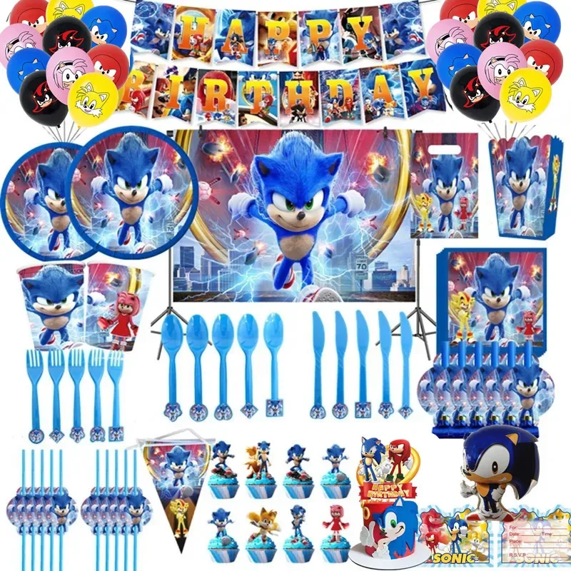 Anime personagem dos desenhos animados ouriço toalha de mesa banners placas conjunto utensílios de mesa sonic decorações de festa de aniversário e brinquedos de banho presente