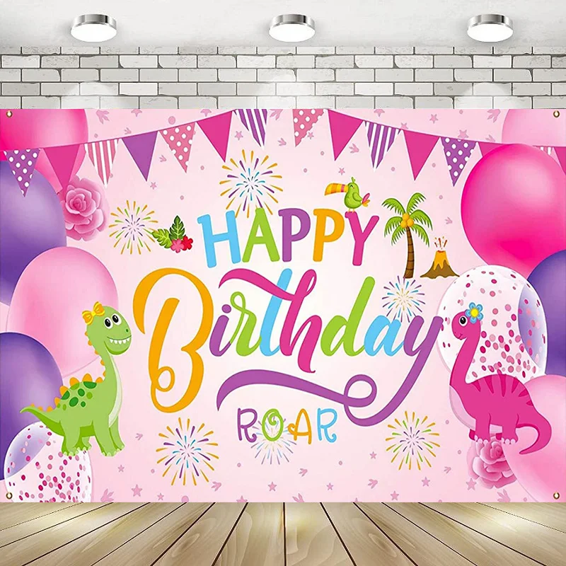 

Pink Sumind Dinosaur Gaming Happy Birthday Party Photography Backdrop Background Banner Decoration Baby