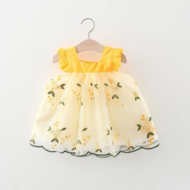 Baby Girl Summer New Dress Sweet Flying Sleeves Mesh Embroidered Korean Edition Mesh Dress Princess Dress Suitable for 0-3 Years