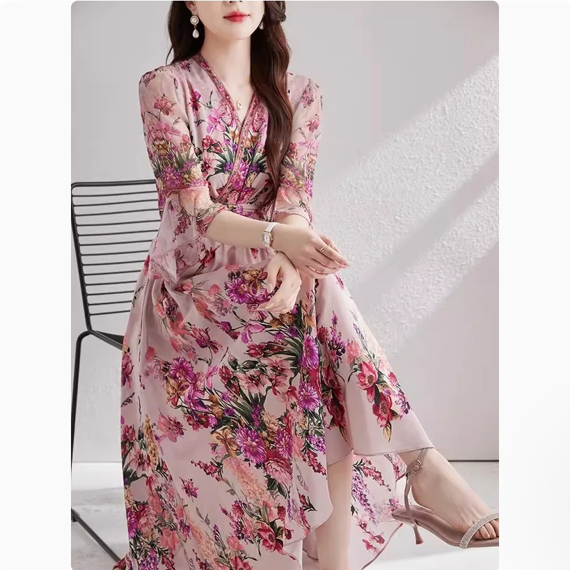 فستان حريري التوت الوردي، أكمام بوق مطبوعة صيفية للسيدات، تنورة حريرية مربوطة الخصر #2