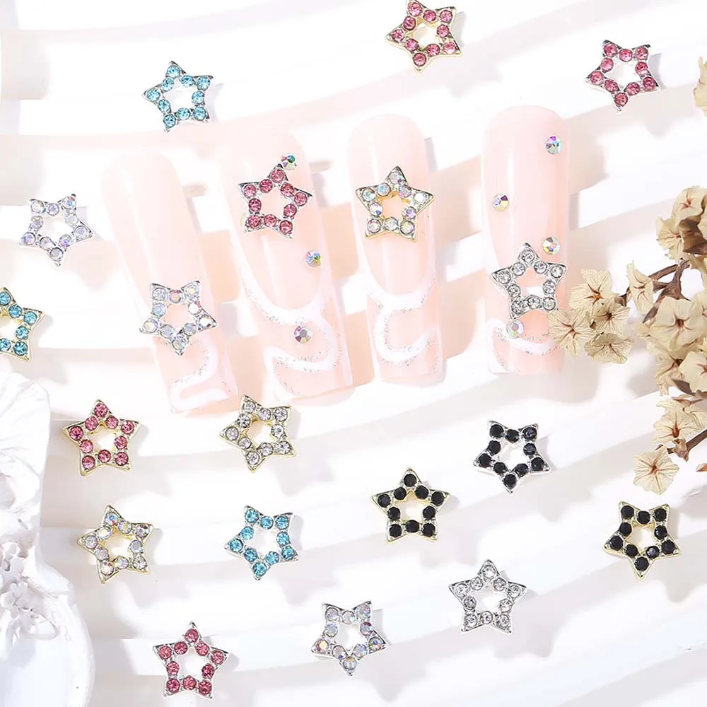 10pcs 3D Shiny Star Alloy Nail Art Charm Colorful Diamond Hollow Star Nail Decor Parts DIY Korea Design Nail Jewel Accessories