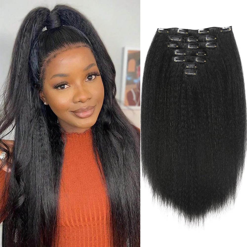 غريب مستقيم كليب في وصلات الشعر كامل الرأس ياكي مستقيم مقاطع Ins للنساء السود الشعر الاصطناعية الأسود الطبيعي 7 قطع