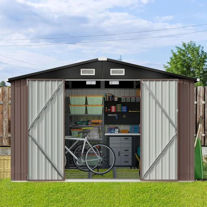 home. 9.4x7.3x6.5 FT Outdoor Storage Shed, Garbage Can, Bike, Placed in Patio, Garden Brown Base Included