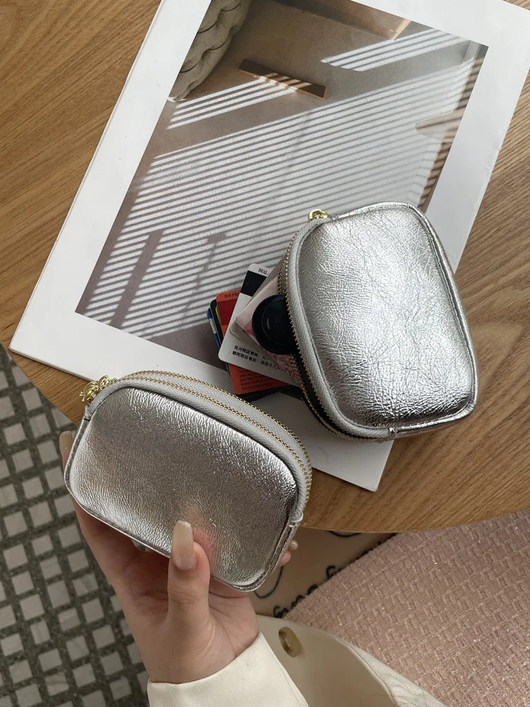 

Серебряный кожаный маленький кошелек для монет, женский двухслойный держатель для карт на молнии, сумка для хранения ключей, модная корейская сумка
