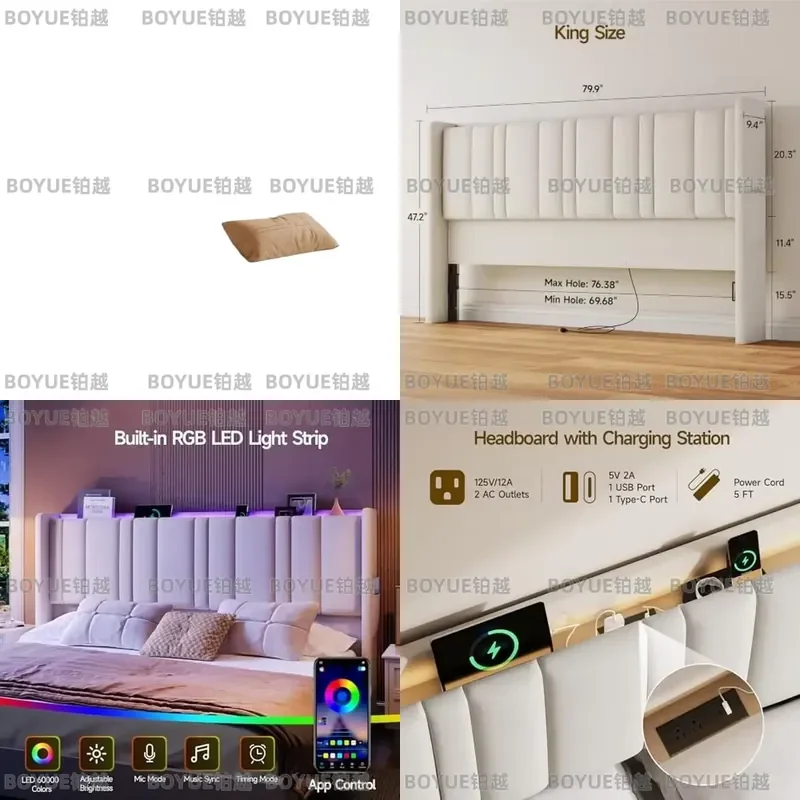 King Size Headboard with Storage, LED Light, Linen Vertical Wingback Headboard with Charging Station, Upholstered Head