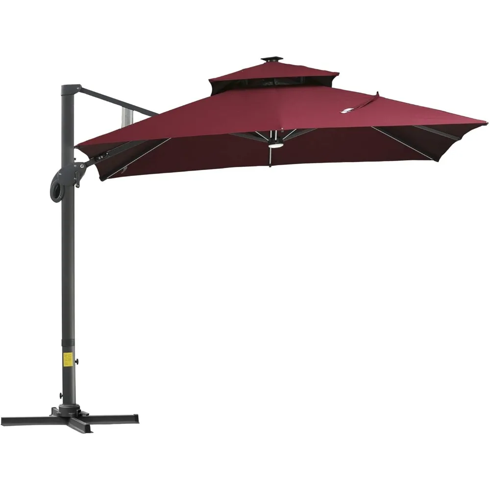 10-foot Cantilevered Patio Umbrella with Solar LED Lights, Double-top Square Outdoor Offset Umbrella, 360° Rotation, Easy Tilt