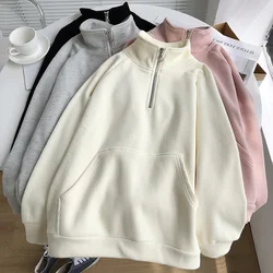 Waffle Sweatshirt Women Stand Collar Zipper Fleece Hoodie Oversized Loose Pullover Autumn Winter Elegant New Female BF Style Top