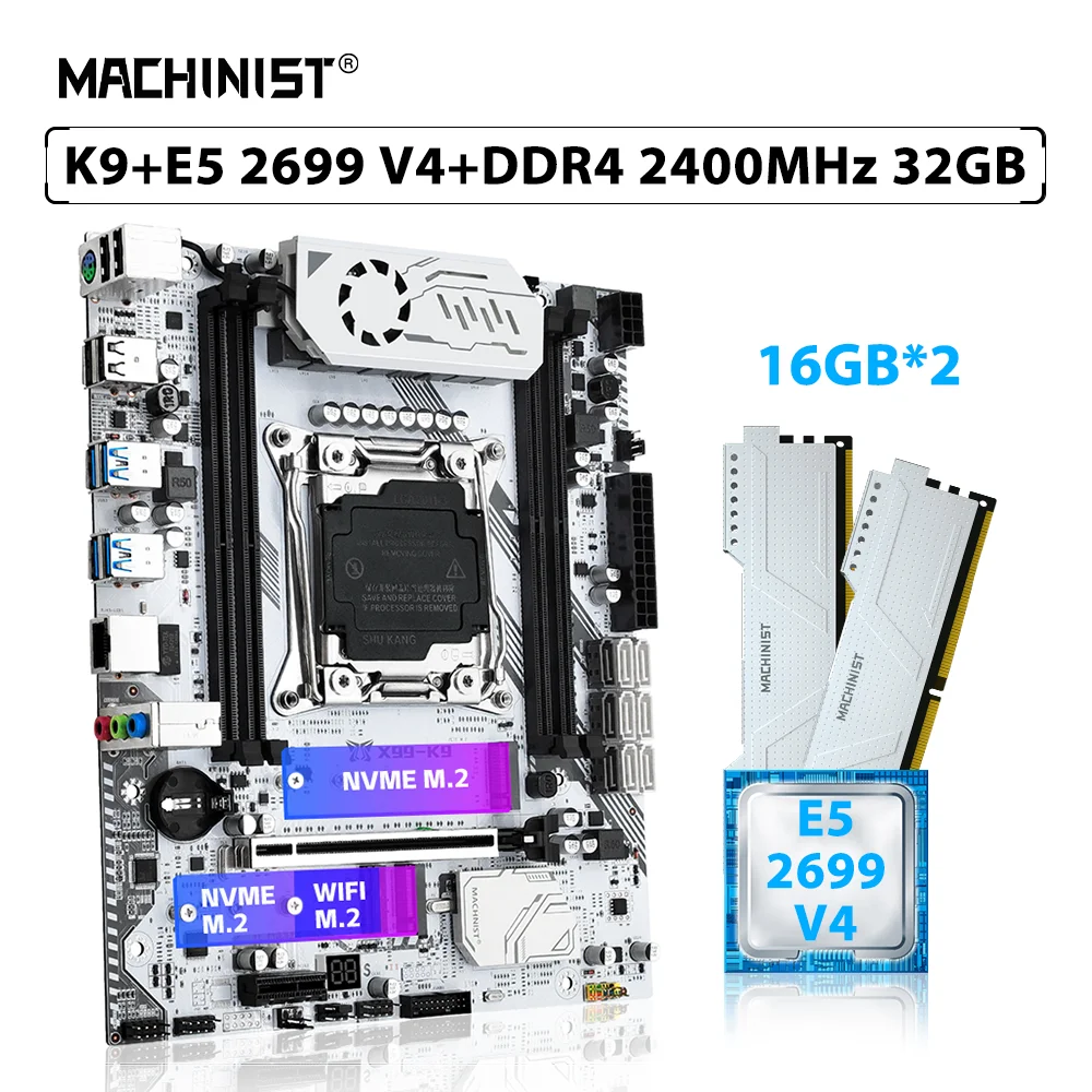 

MACHINIST X99 K9 комплект материнской платы LGA 2011-3 комплект Xeon E5 2699 V4 ЦПУ процессор 32 Гб (2*16 Гб) 2400 МГц ECC DDR4 ОЗУ память NVME M.2