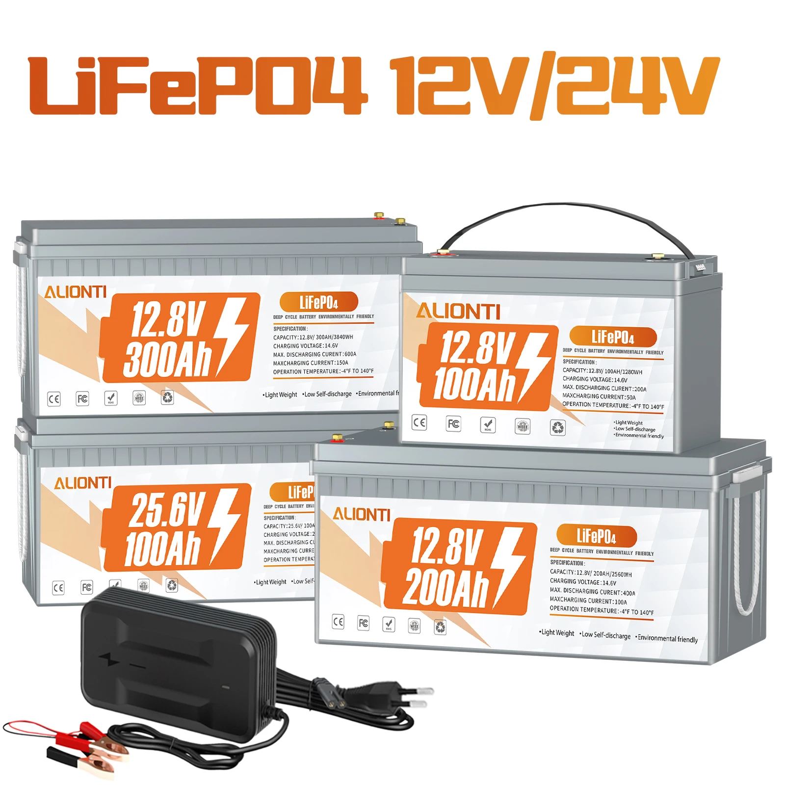 12V 200Ah 300Ah 100Ah LiFePO4 Battery Pack 24V 100Ah LiFePO4 Lithium Battery Grade A Cells RV Golf Boat Off-grid Solar EU STOCK