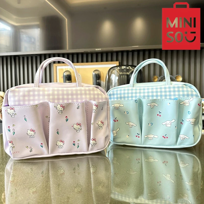 MINISO Cartoon Cute Print Kuromi Large Capacity Handbag Multi functional  Bag Small Square Bag Fashion Makeup Bag