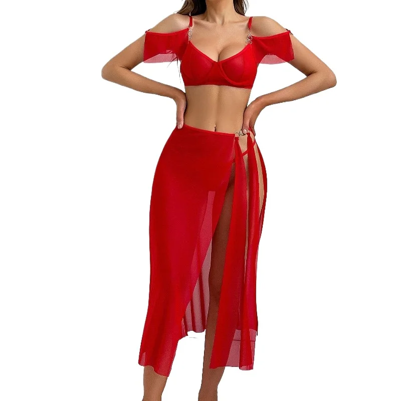 

Sexy Split Suspender Strapless Lingerie Lace Up Slit Long Skirt Women's Erotic Lingerie Pajamas Dress See Through Long Dress