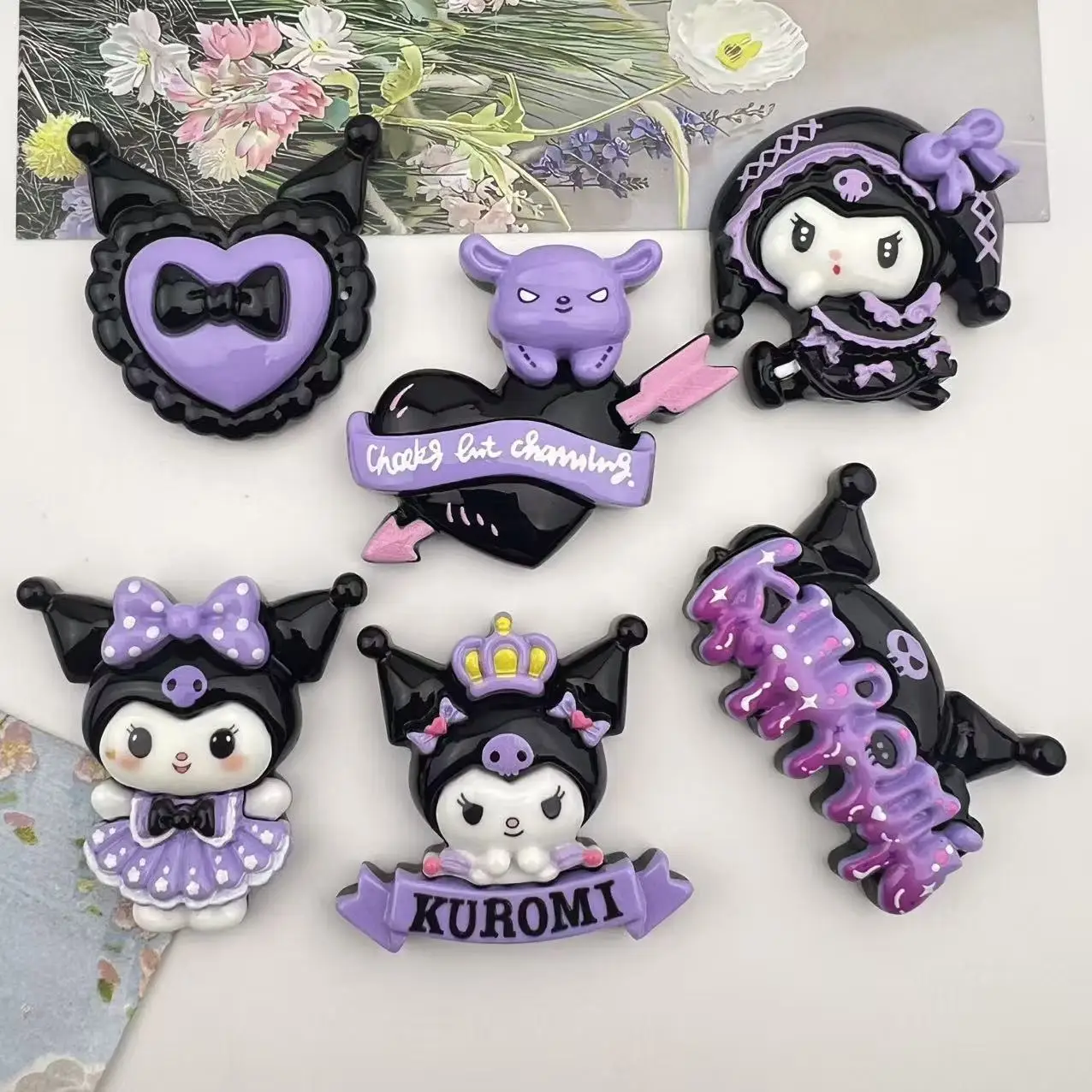 

6/36PCS Cartoon black Kuromi DIY resin accessories, cream glue hair clip, phone case, keychain, refrigerator sticker accessories