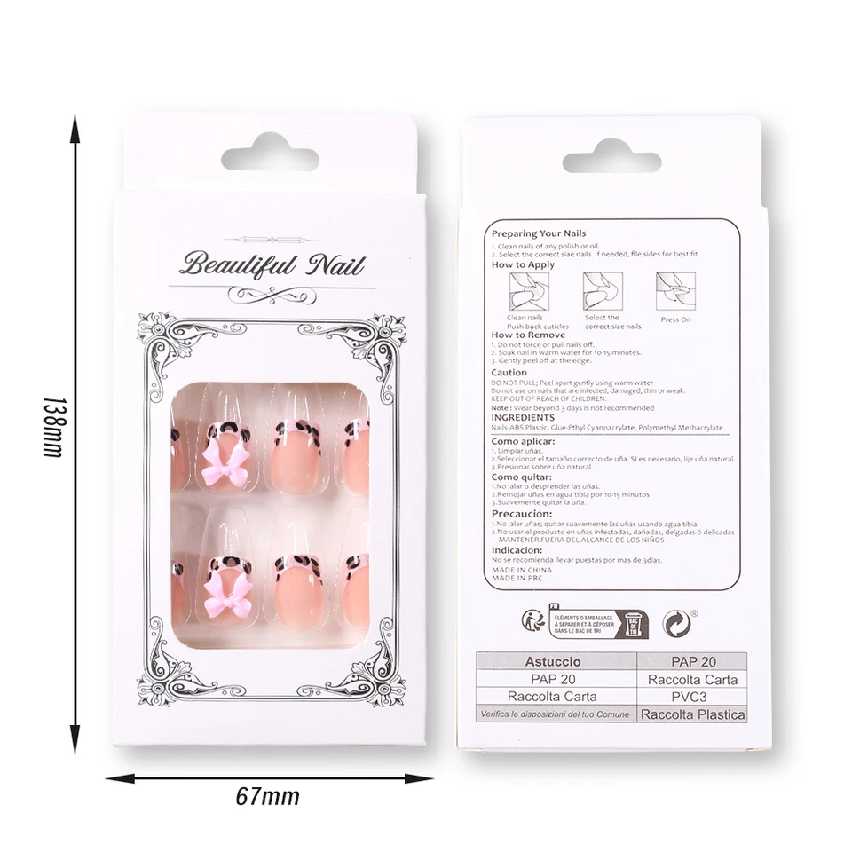 24Pcs Uñas Postizas Cortas Cuadradas Francesas Leopardo con Moño 3D Rosa Otoño Invierno Estampado de Leopardo# 6